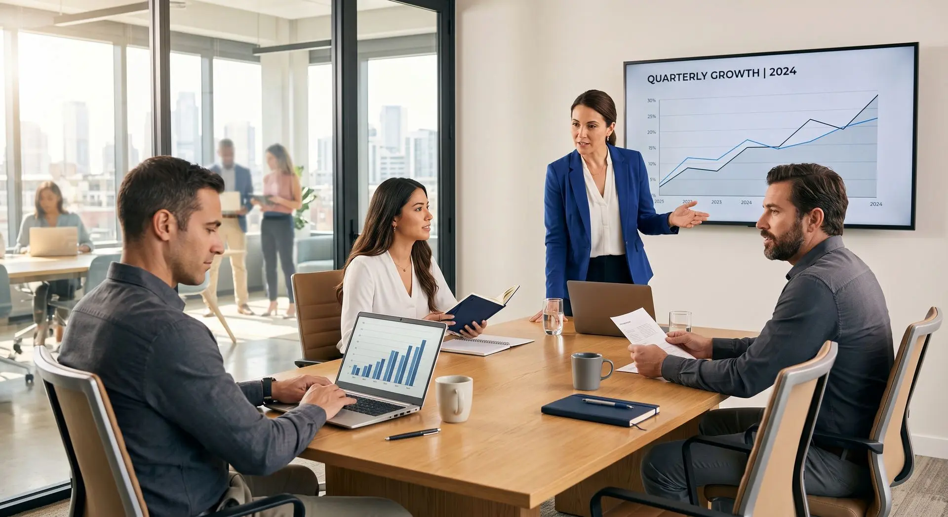 Business consultants reviewing a quarterly growth chart with clients in an office meeting