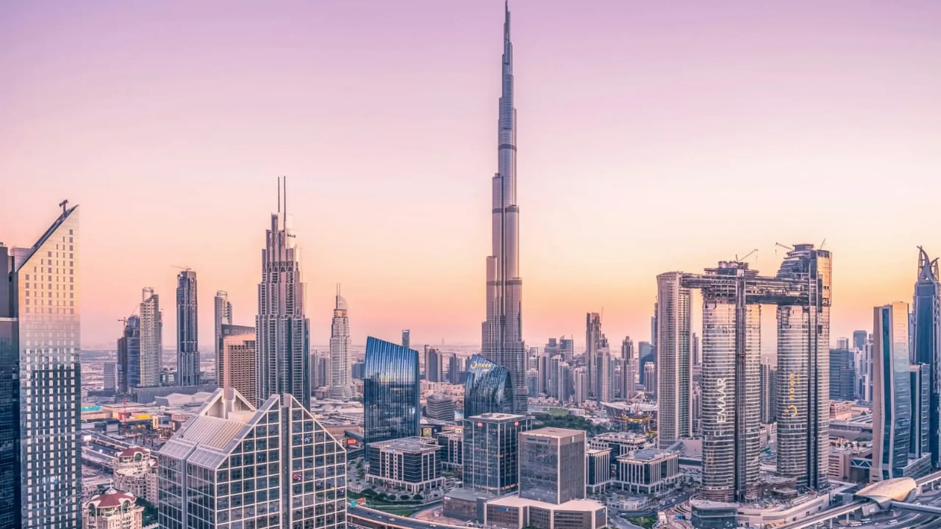 Dubai skyline with Burj Khalifa at sunset